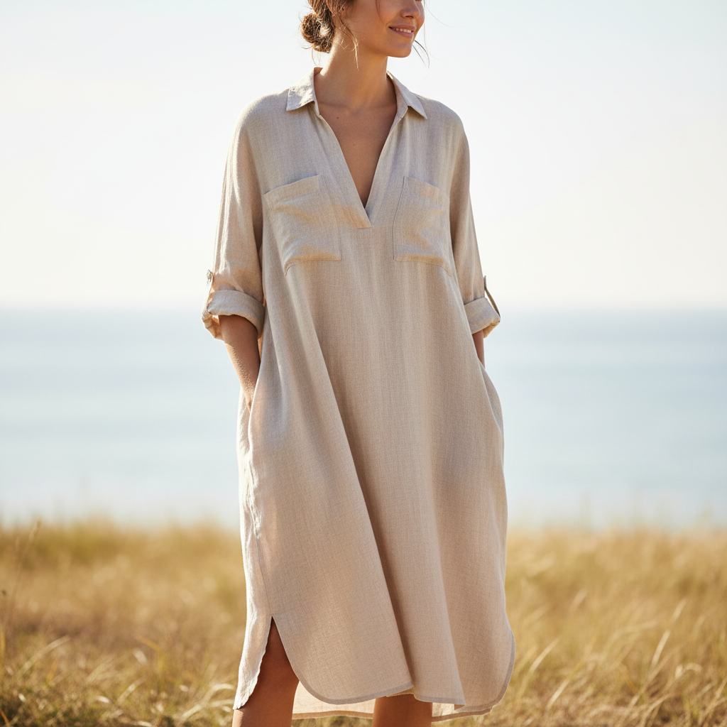 Model wearing beige linen midi dress in outdoor setting