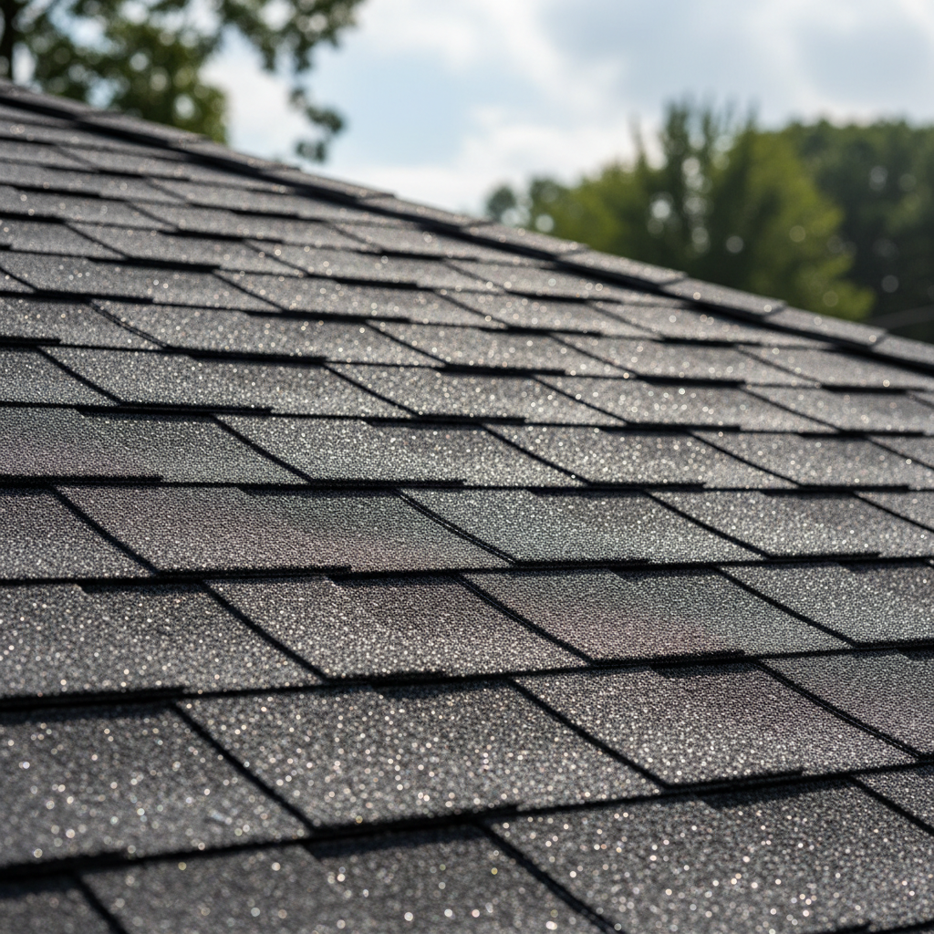 Residential roof installation — close-up of dark architectural shingles on a Chicago home, bright daylight, crisp edges