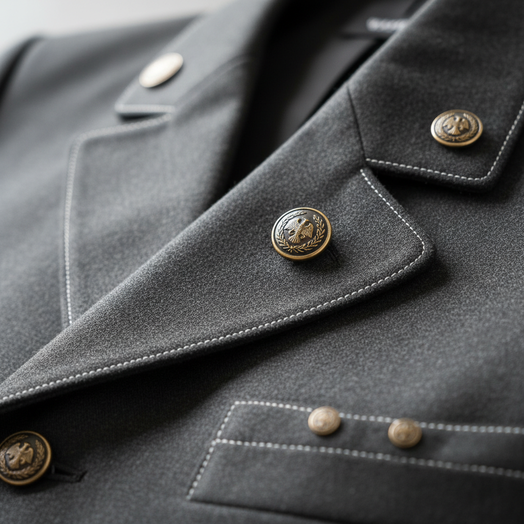 Close detail of a pressed collar on a formal service jacket showing sharp lapel fold and button detail