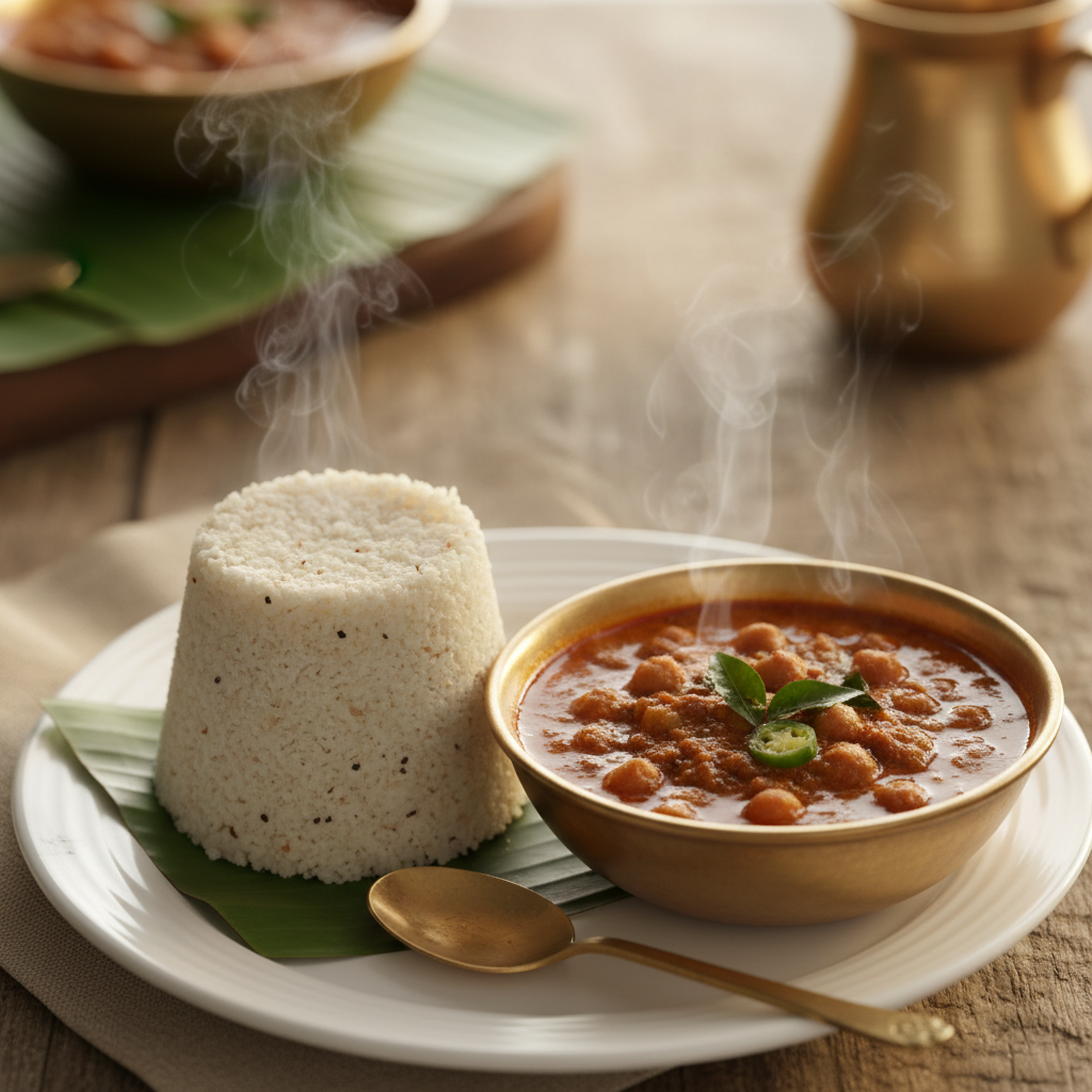 Puttu — cylindrical steamed rice and coconut cake served alongside a dark, spiced kadala curry made from black chickpeas in a Kerala clay bowl