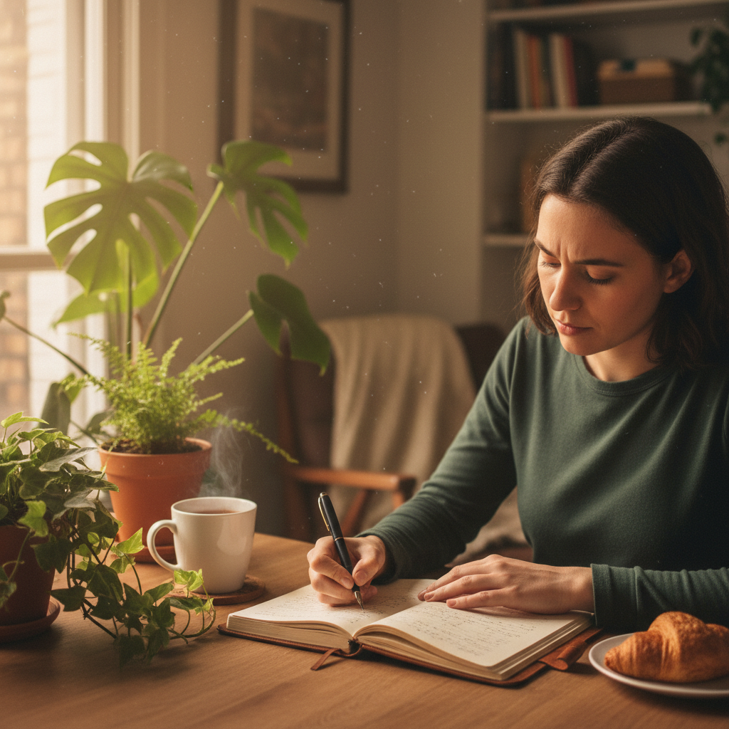 Person writing in a journal with warm afternoon light streaming through a window