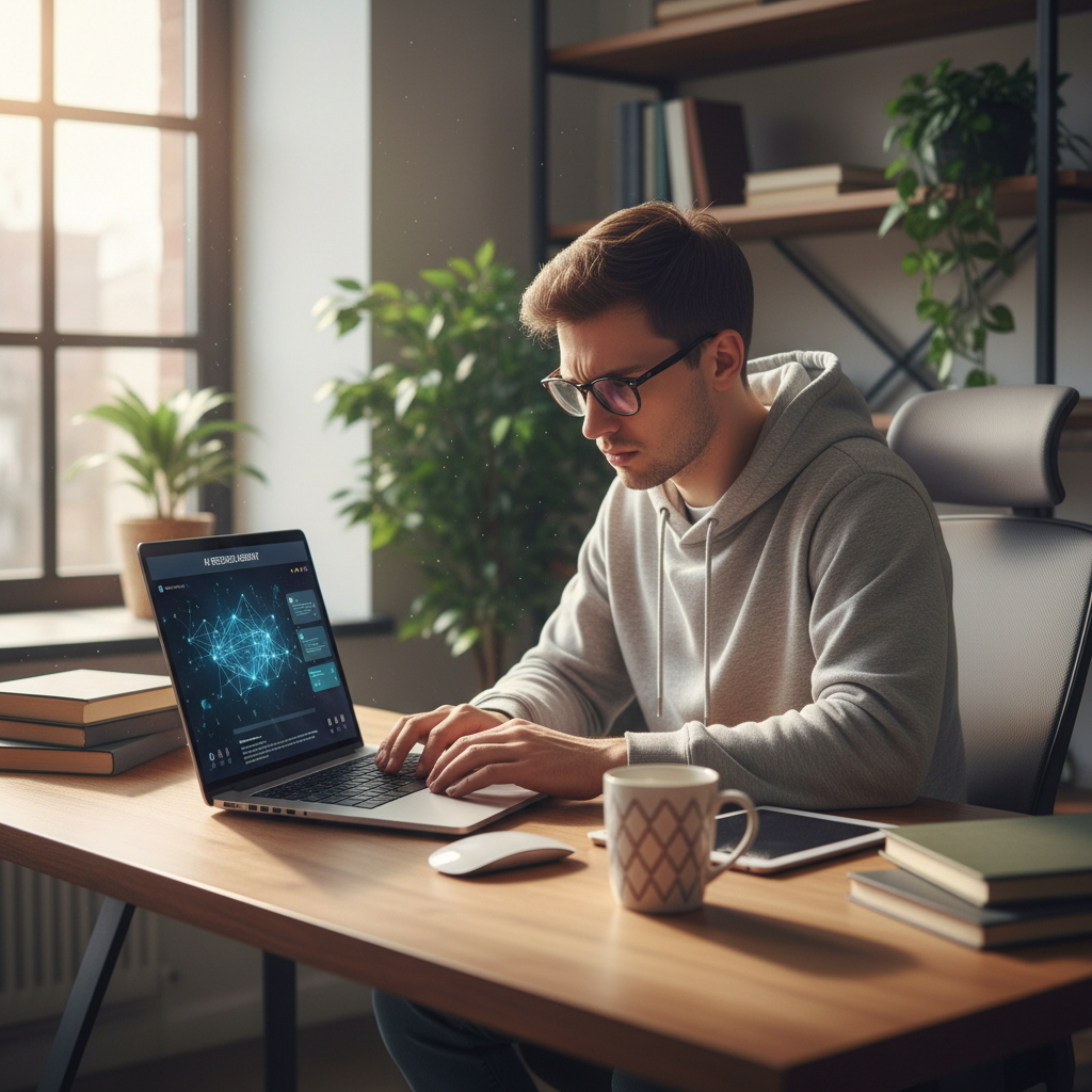 Student using AI tools on laptop in university library setting