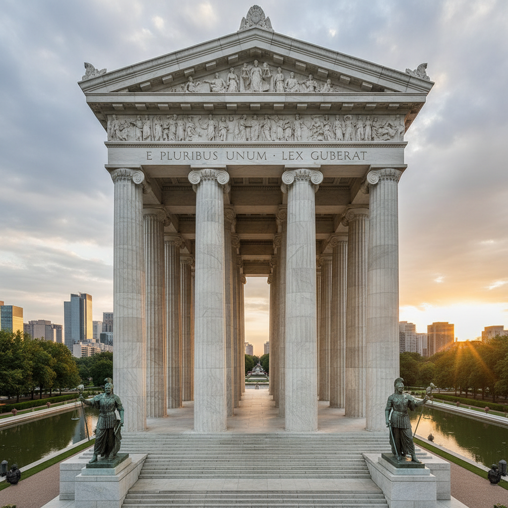 Monumental architectural columns representing federal law and governance