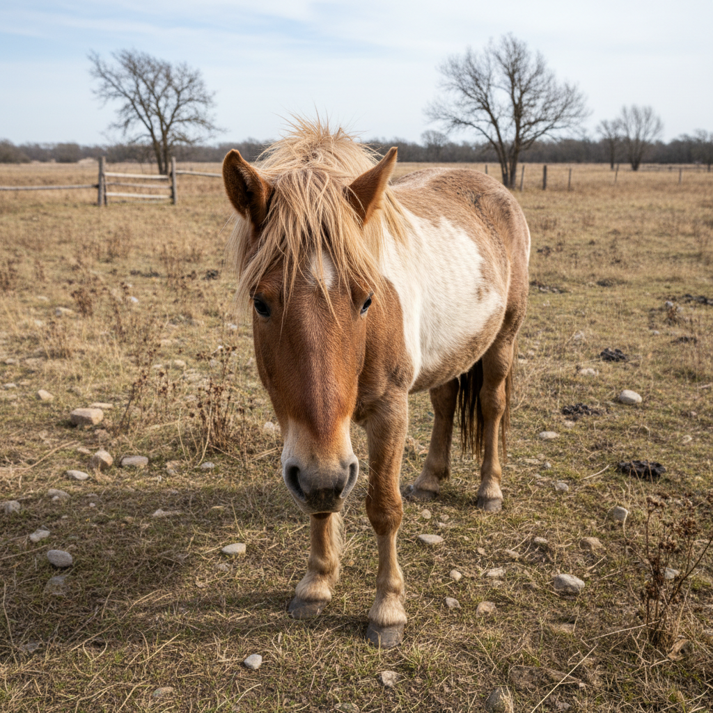 Neglected rescue horse with tangled mane standing in a paddock, ribs visible, looking cautiously at camera