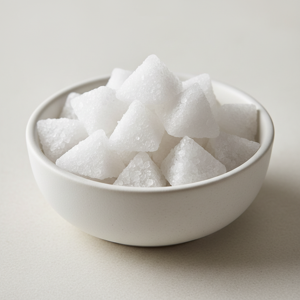 Pyramid crystals of fleur de sel in a white ceramic ramekin with wooden salt scoop