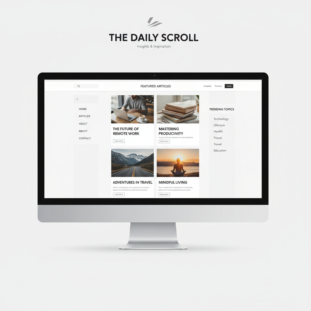 Clean blog website layout with article preview cards and featured images on laptop display