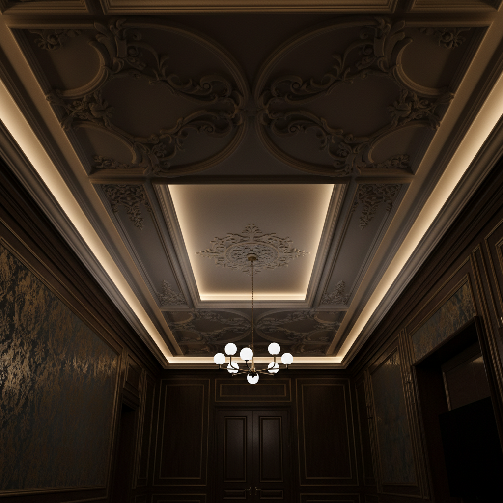 Specialty interior finishing with decorative surface treatment in a dimly lit architectural space with deep shadows