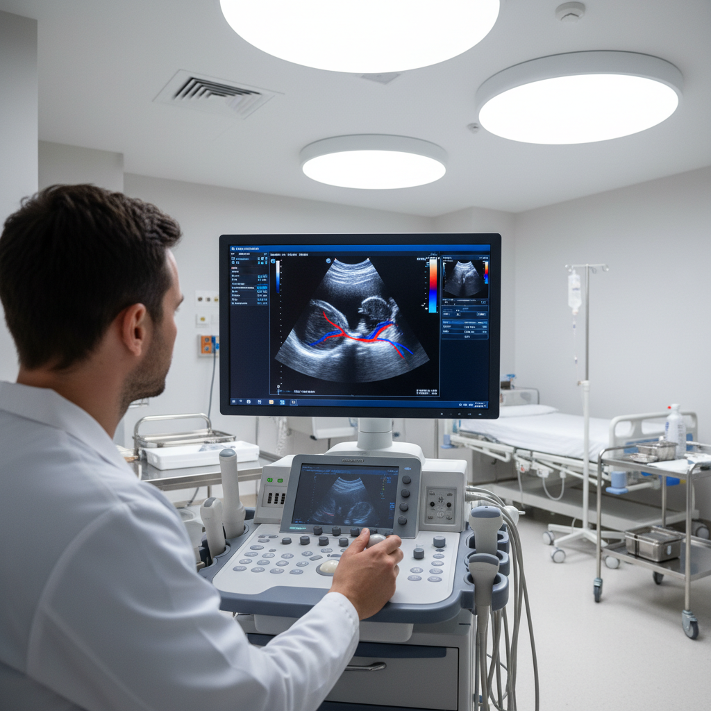 Ultrasound machine with screen displaying scan results in a well-lit examination room with white walls