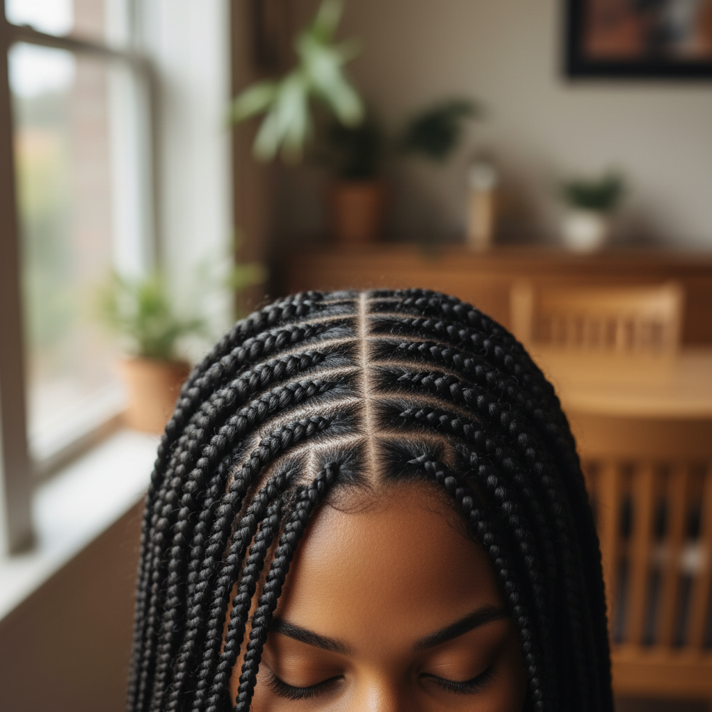 Intricate cornrow braids on a young woman, detailed close-up, dark background