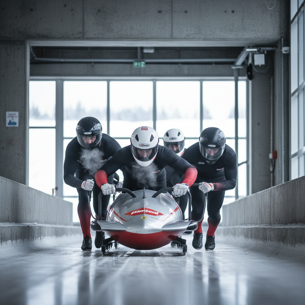 Four bobsled athletes crouched behind sled in start house, vapor visible from breath, knuckles white on push handles