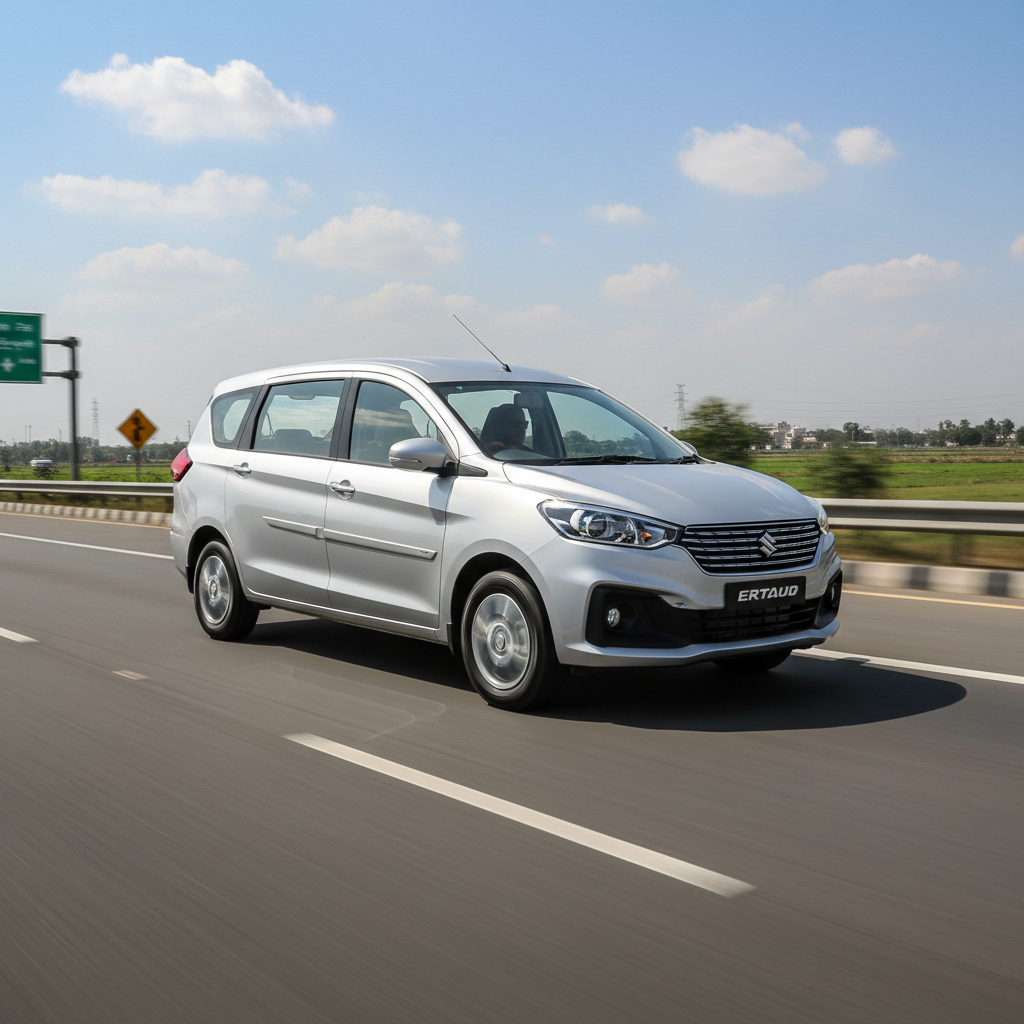 Silver MPV on highway with clear blue sky and green hills in background