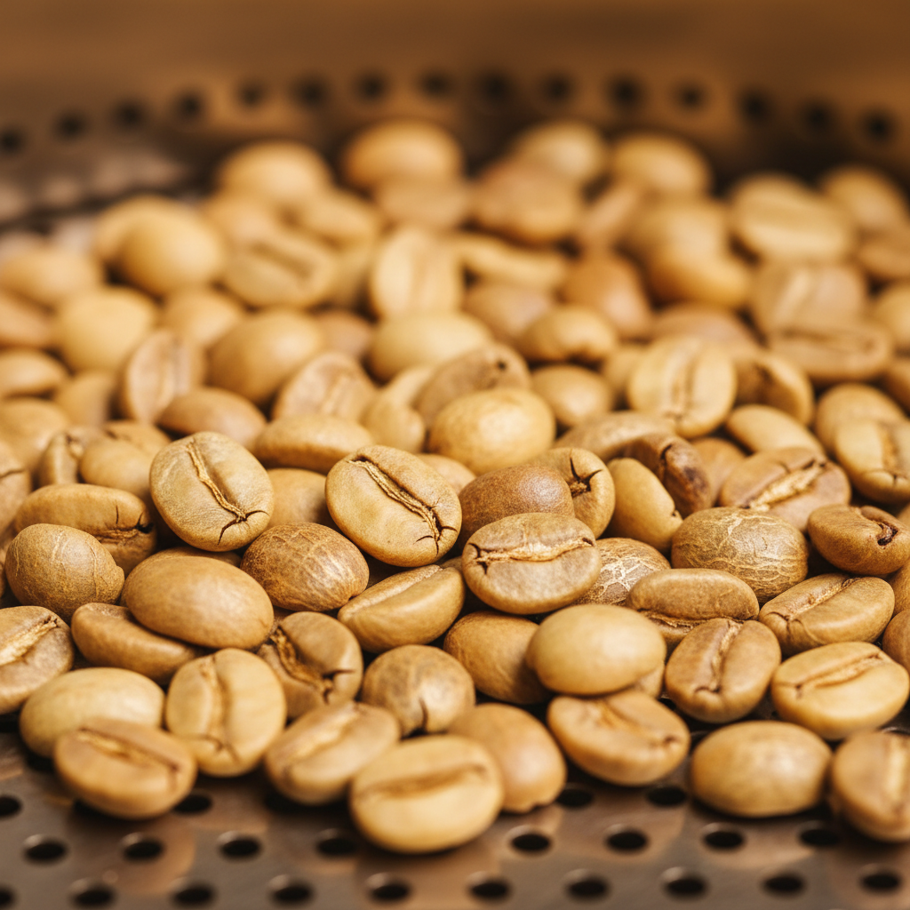 Green coffee beans being dry-roasted in a flat pan over low flame, beginning to turn golden