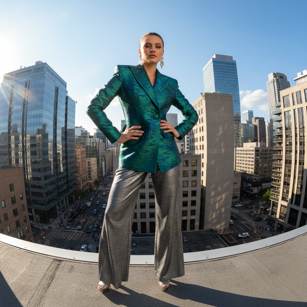 Styled fashion editorial with model in city environment