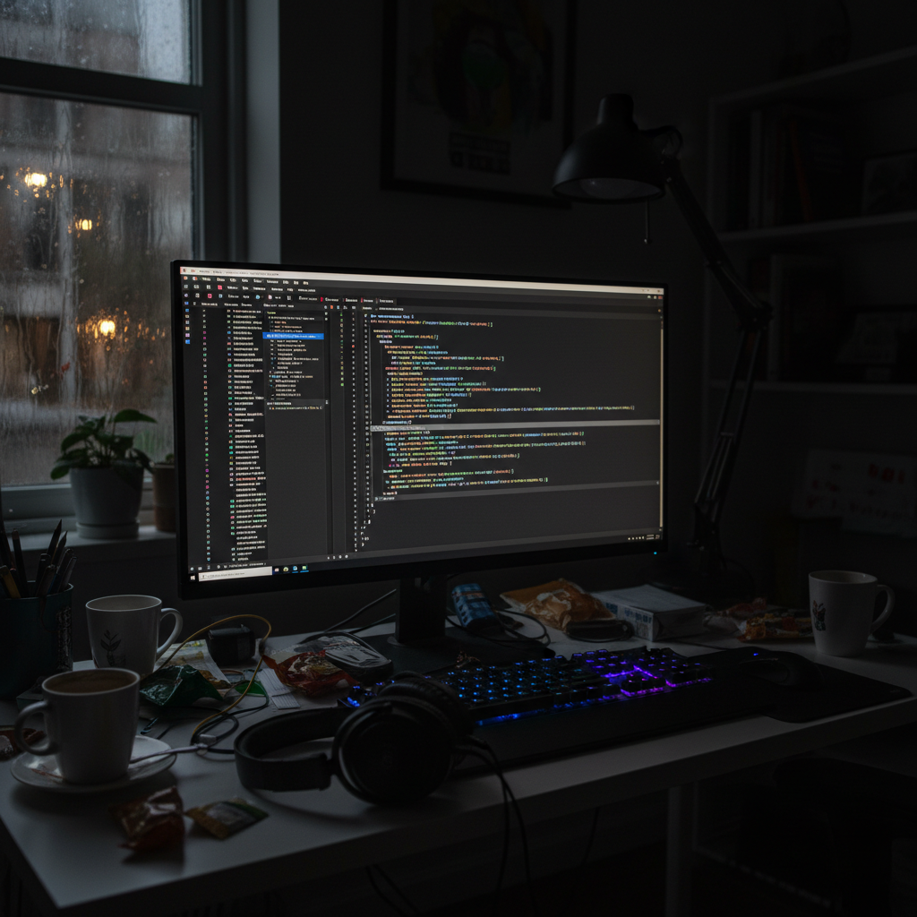 Laptop screen with code in dark room, single light source, moody developer environment