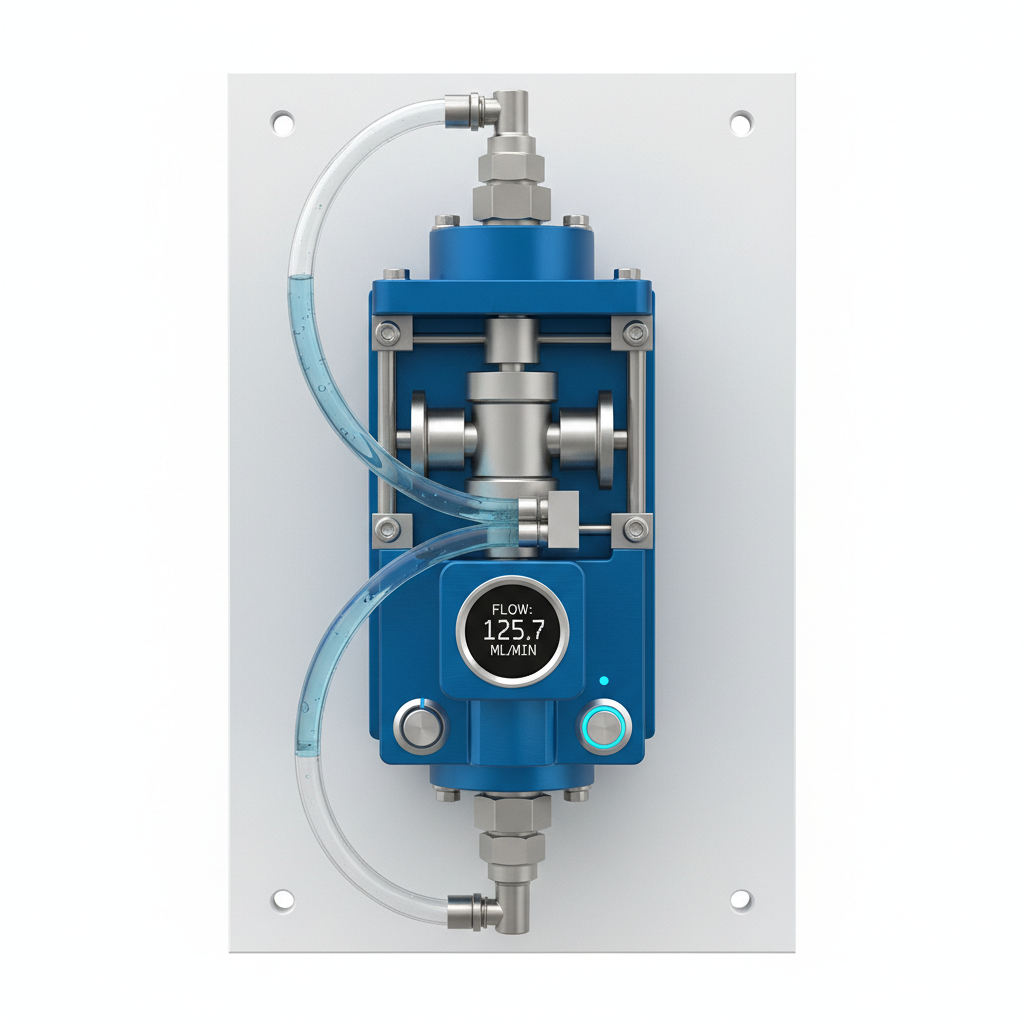 Industrial peristaltic dosing pump with blue housing and clear tubing, mounted on white panel in agricultural facility