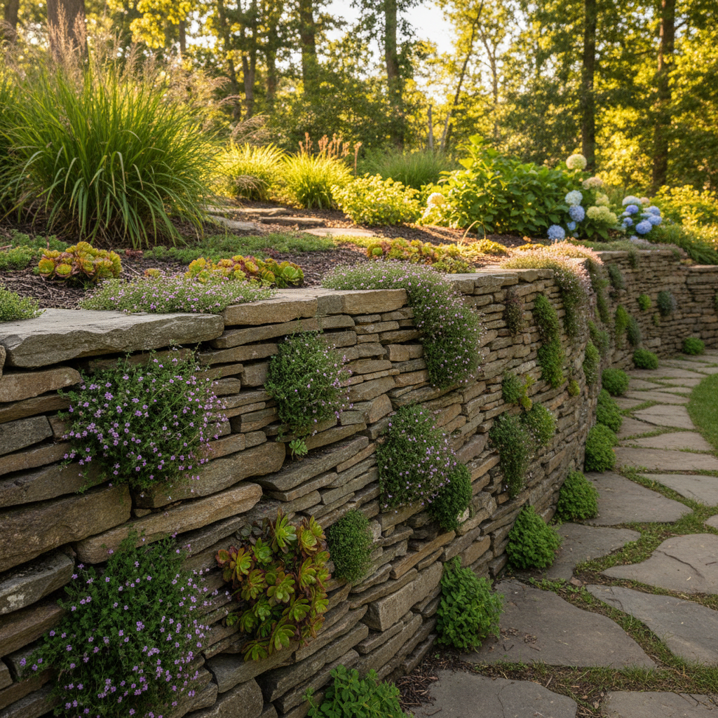 Rebuilt dry-stack stone retaining wall with creeping thyme and sedums growing in joints, estate garden