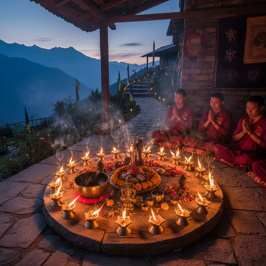 Evening prayer ceremony with traditional lamps, incense, and spiritual rituals in mountain homestay setting