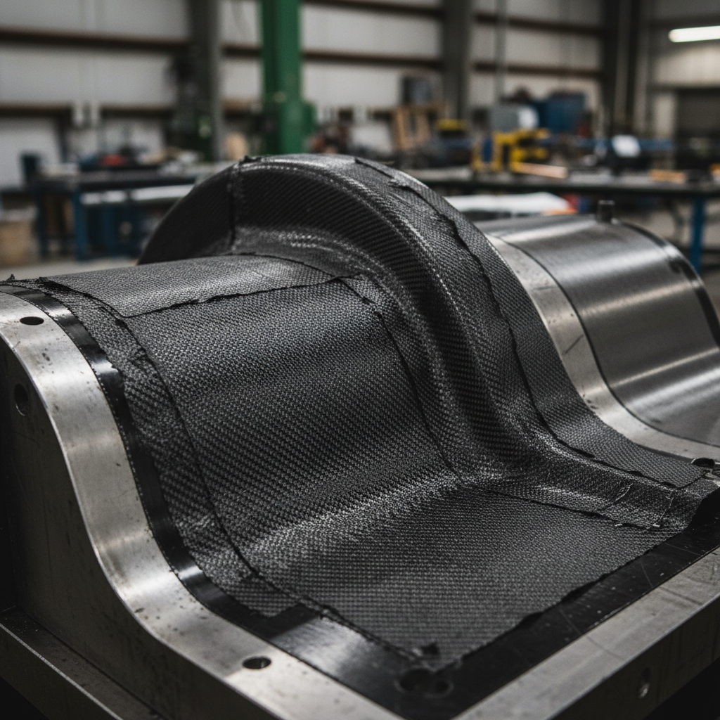 Raw carbon fiber layup on mold tool, unfinished composite plies visible