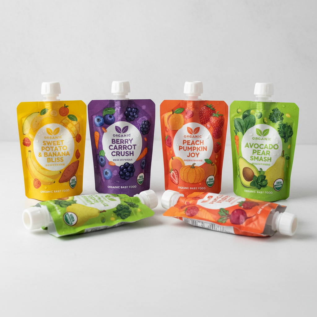 Colorful organic fruit and vegetable snack pouches for babies and toddlers