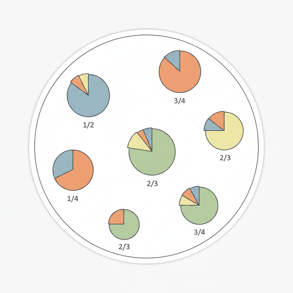 Colorful geometric shapes and numbers representing fractions