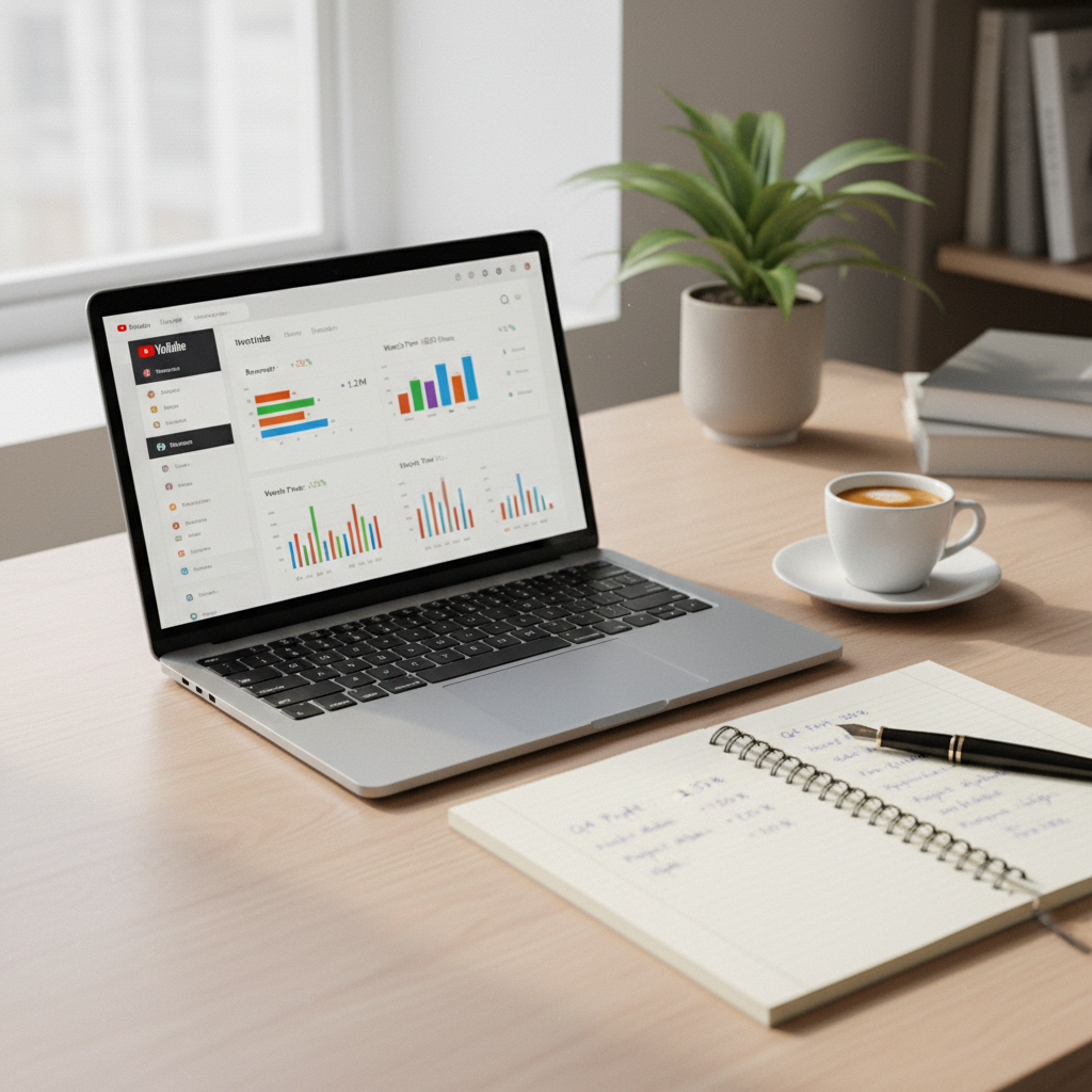 Clean desk with laptop showing YouTube analytics dashboard, espresso, and ruled notebook with handwritten profit margins