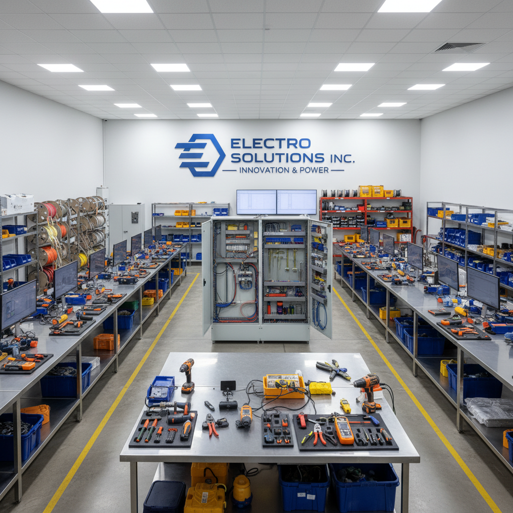 Modern electrical installation tools and equipment on workbench