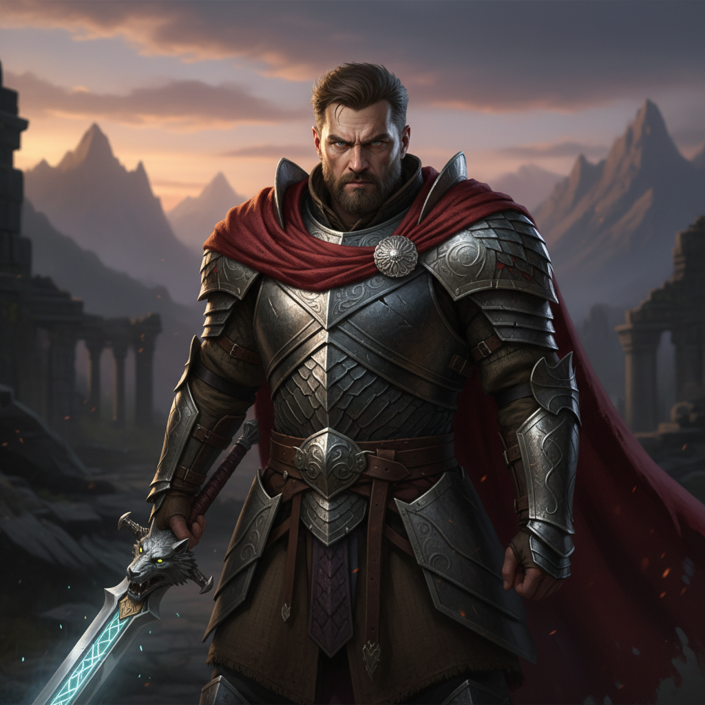 Golden Warrior - Karakter warrior fantasi dengan armor emas berkilau dan pedang legendaris dalam pose heroik yang menampilkan detail armor kompleks dan efek cahaya dramatis