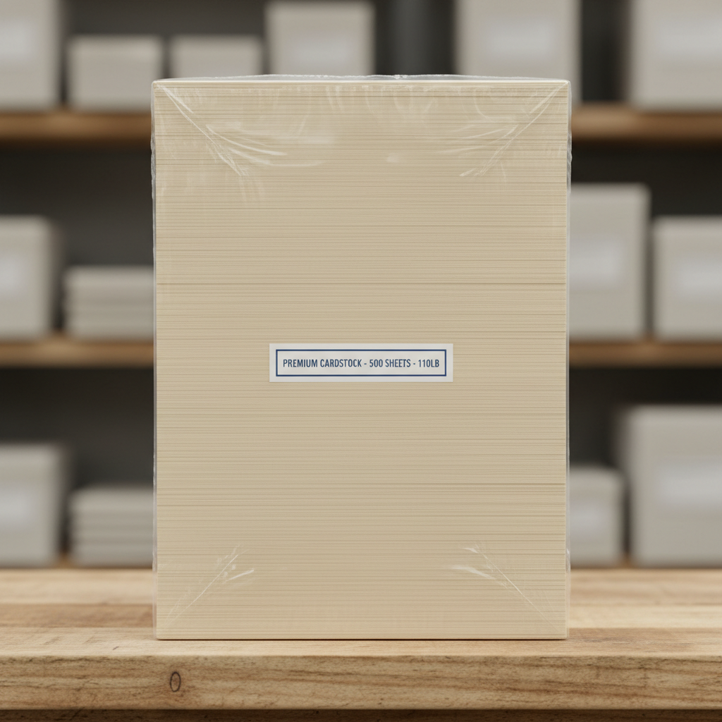 Full ream of five hundred cardstock sheets wrapped and stacked high on a shelf