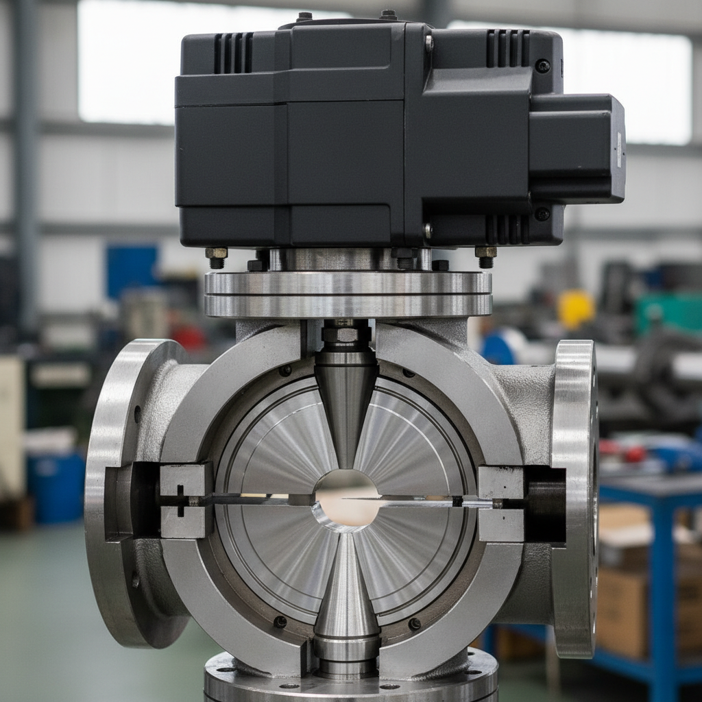 Triple-offset butterfly valve with electric actuator mounted, showing disc and seat ring detail
