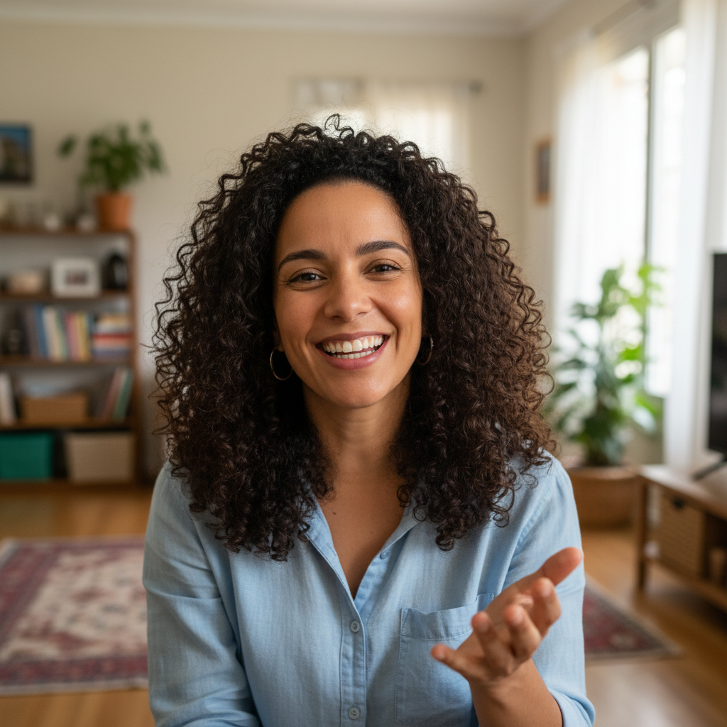 Mulher brasileira jovem sorrindo em fundo claro com cabelos ondulados