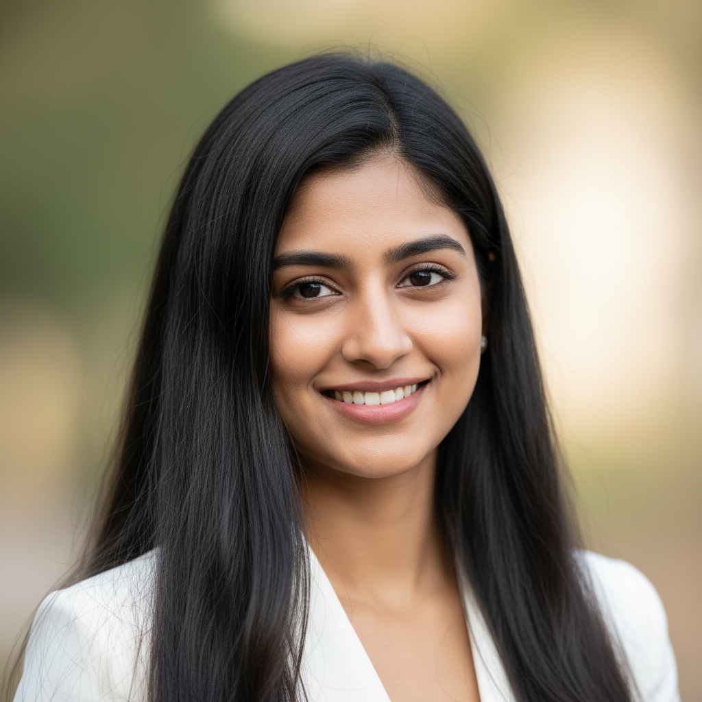 Professional portrait of Indian woman with long black hair in burgundy blazer smiling professionally in office setting