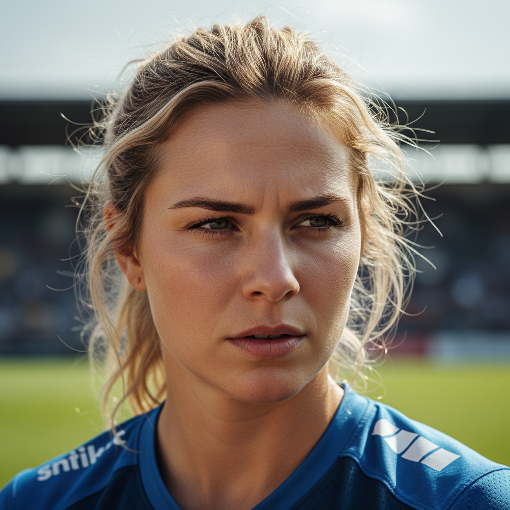 Female soccer winger in dark training jersey, determined expression, outdoor pitch