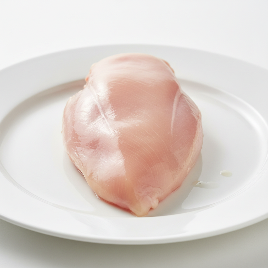 Raw skinless chicken breast fillets on white cutting board, fresh pale pink meat under bright kitchen lighting