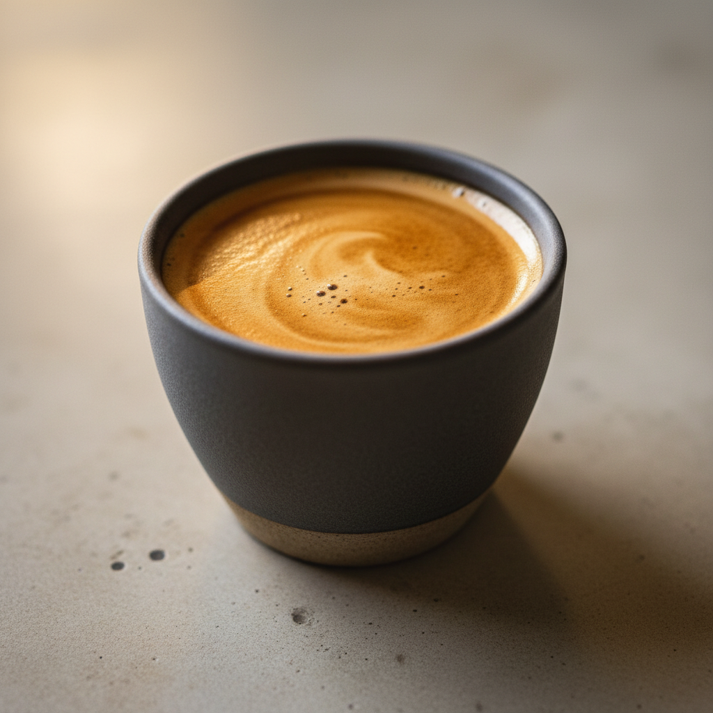 Close-up of espresso shot with golden crema in a small white ceramic cup