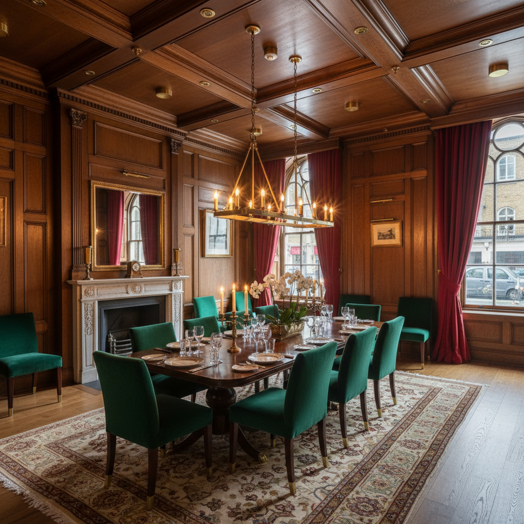 Elegant London townhouse interior with dark panelled walls, antique brass fixtures, and curated art collection