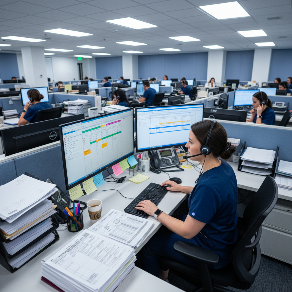Healthcare scheduling specialist making patient reminder calls at a professional medical call center