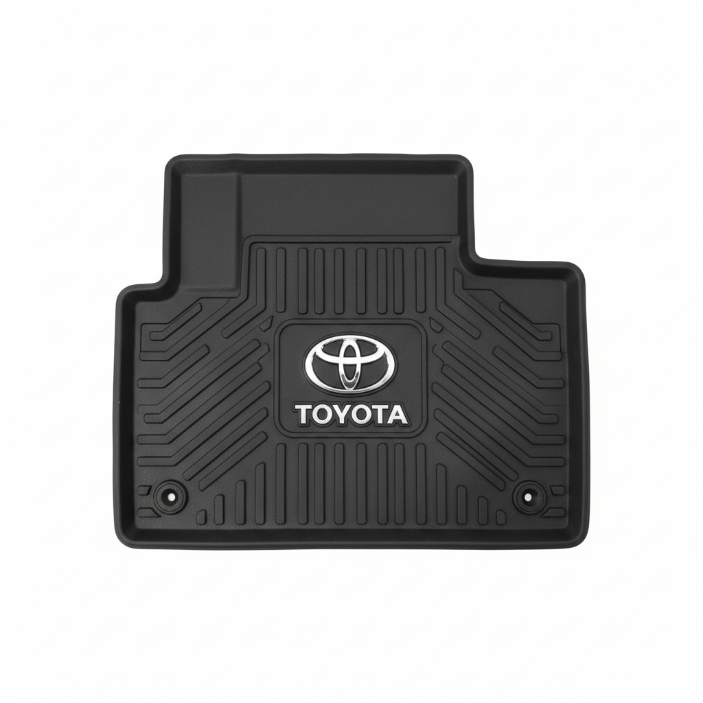 Black rubber 3D car floor mat with raised edges, clean and isolated on white background