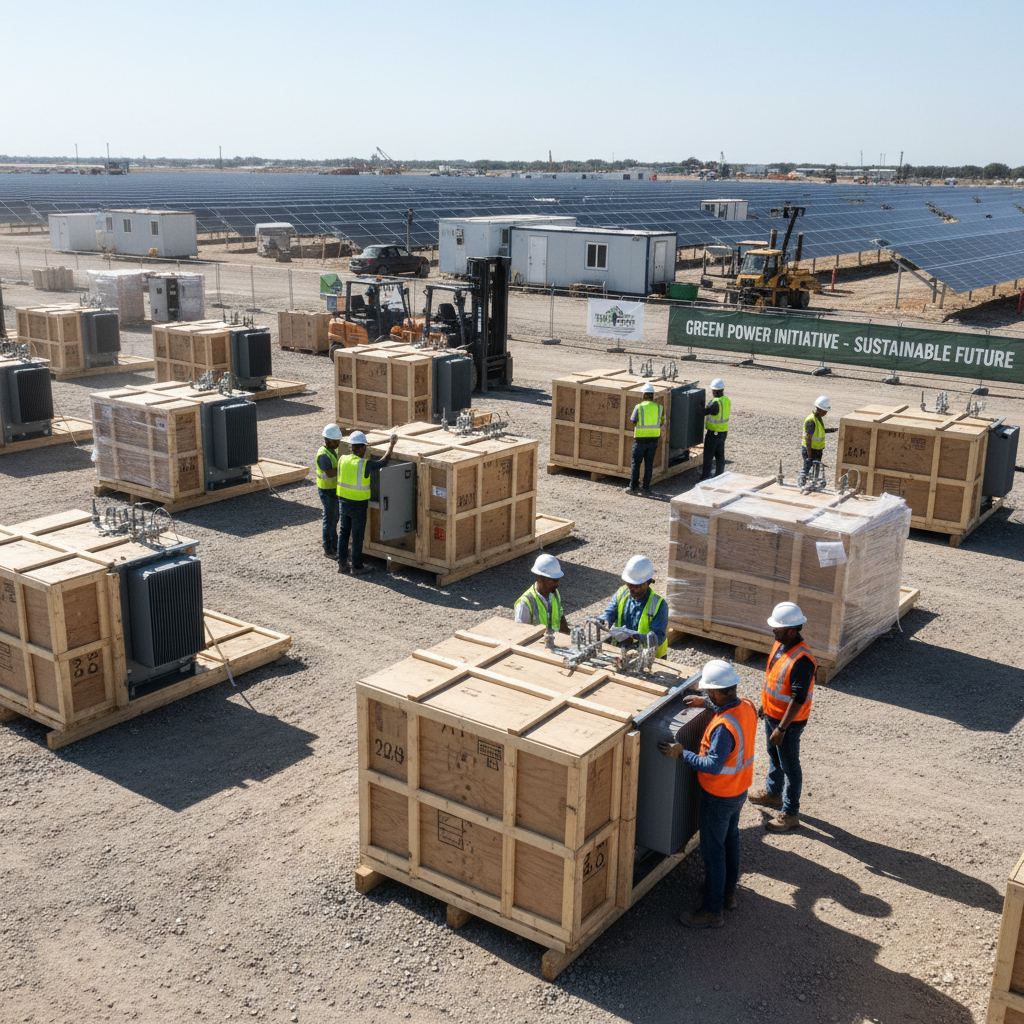 Workers inspecting large electrical equipment deliveries on a solar field site