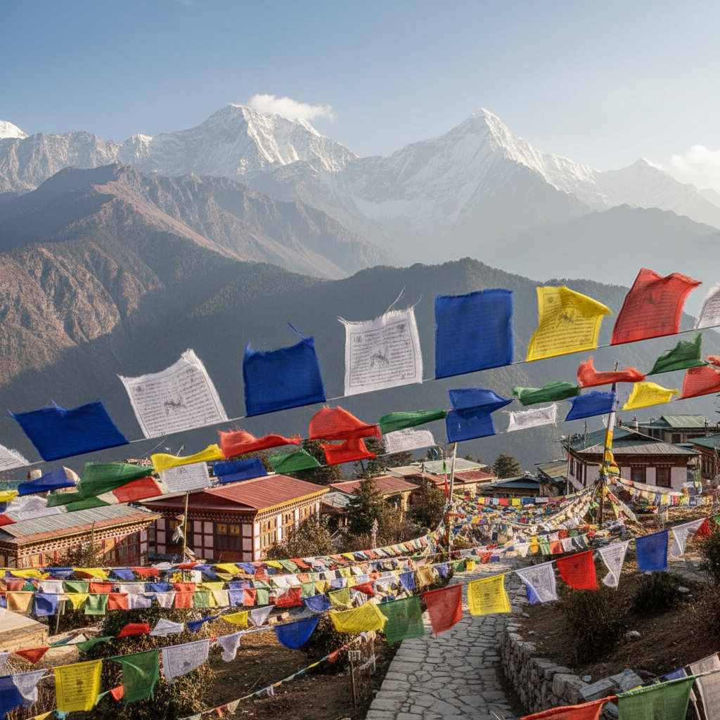 McLeod Ganj Dharamshala with Tibetan prayer flags and Dhauladhar mountain range in background