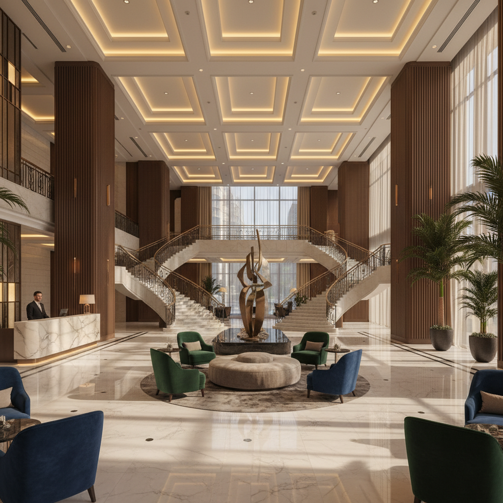 Luxury hotel lobby at night, dramatic uplighting, deep warm shadows, premium architectural environment