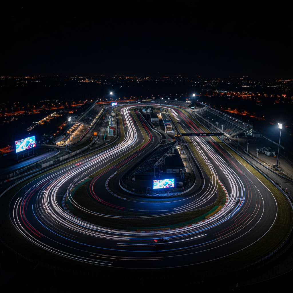 Racing track aerial view at night with tire marks