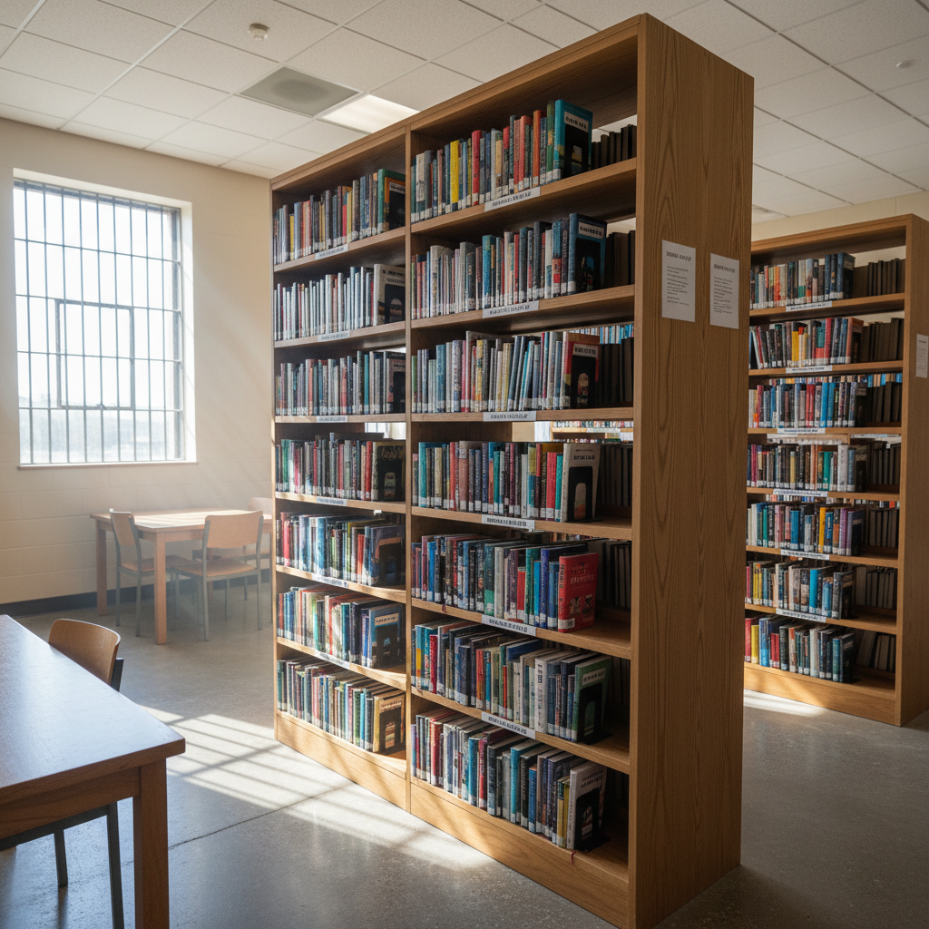 A wooden bookshelf in a newly stocked prison library, filled with fiction and non-fiction titles donated by Shelve