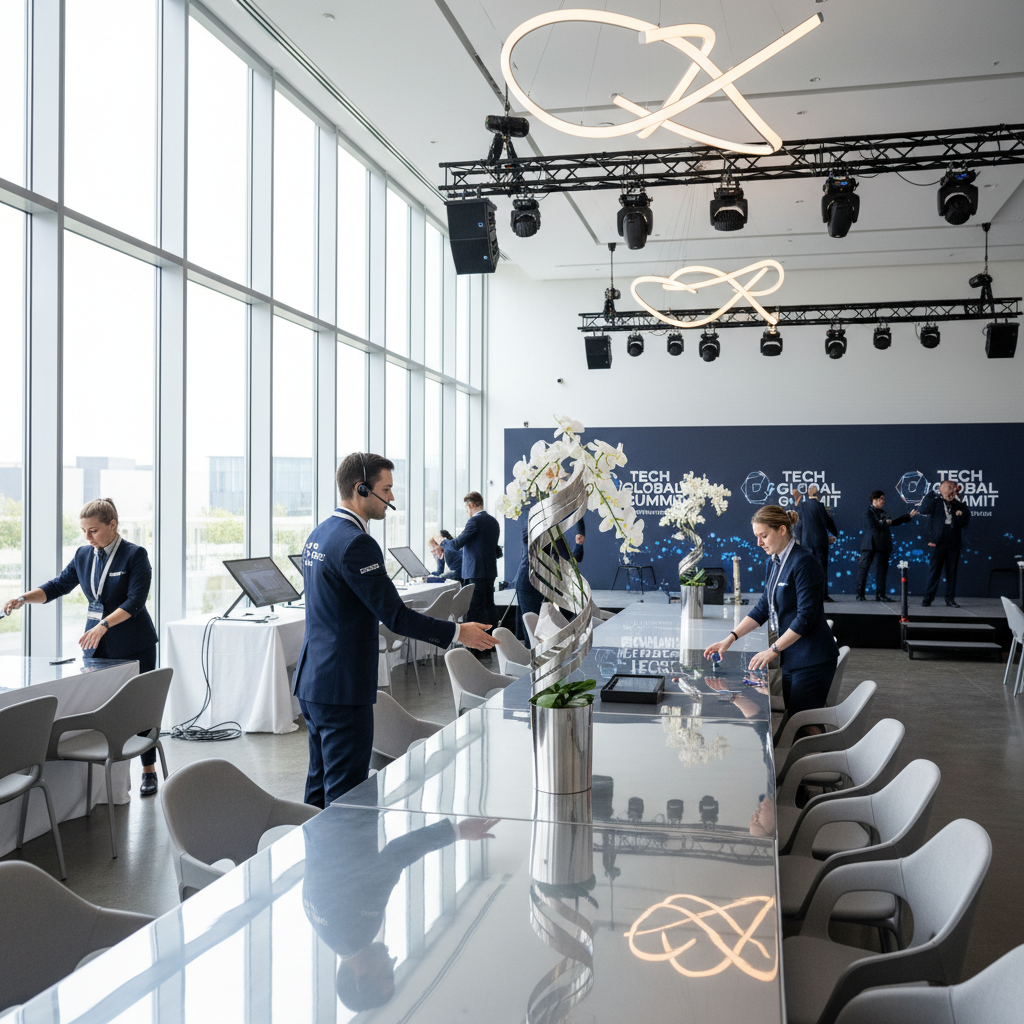Decorated corporate event space prepared for a company celebration