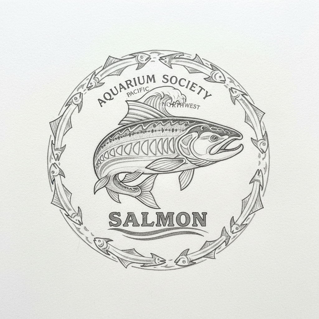 Hand-drawn sketch of Pacific salmon concept for aquarium society club shirt