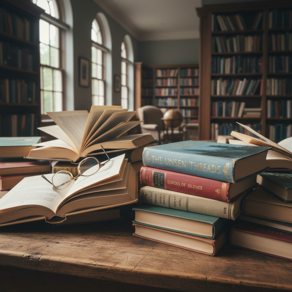 Stack of literary novels in dim atmospheric library, deep shadows, warm amber light, cinematic low-key mood