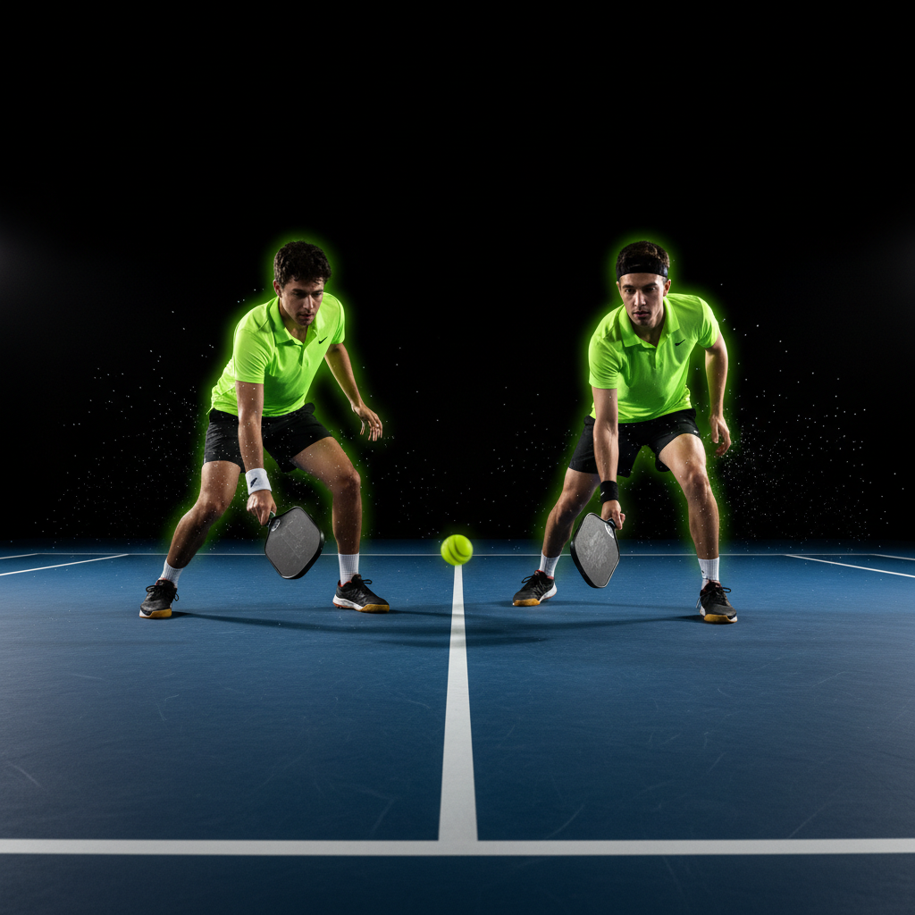 Pickleball players in action on a premium indoor court with bright LED lighting and green court lines