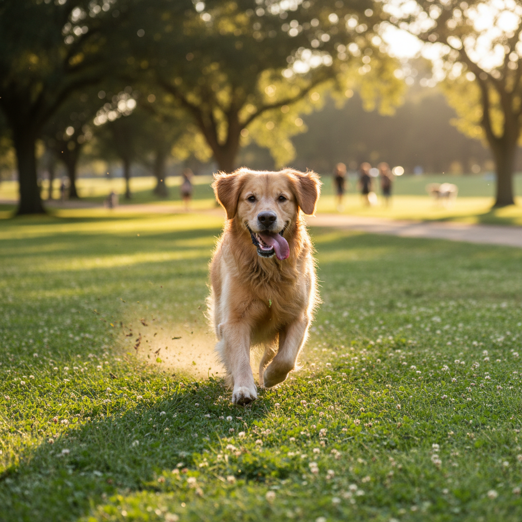 Golden retriever Biscuit smiling in park