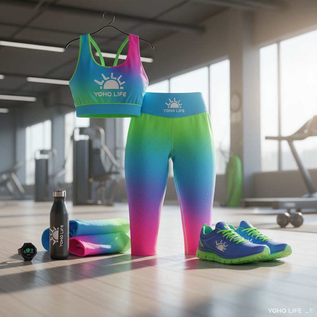 Yoho Life active lifestyle brand — bright gym studio, athletic footwear product photography, energetic fitness environment