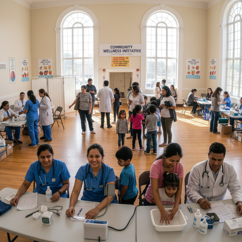 Medical professionals conducting free health checkup in rural village, bright daytime outdoor camp