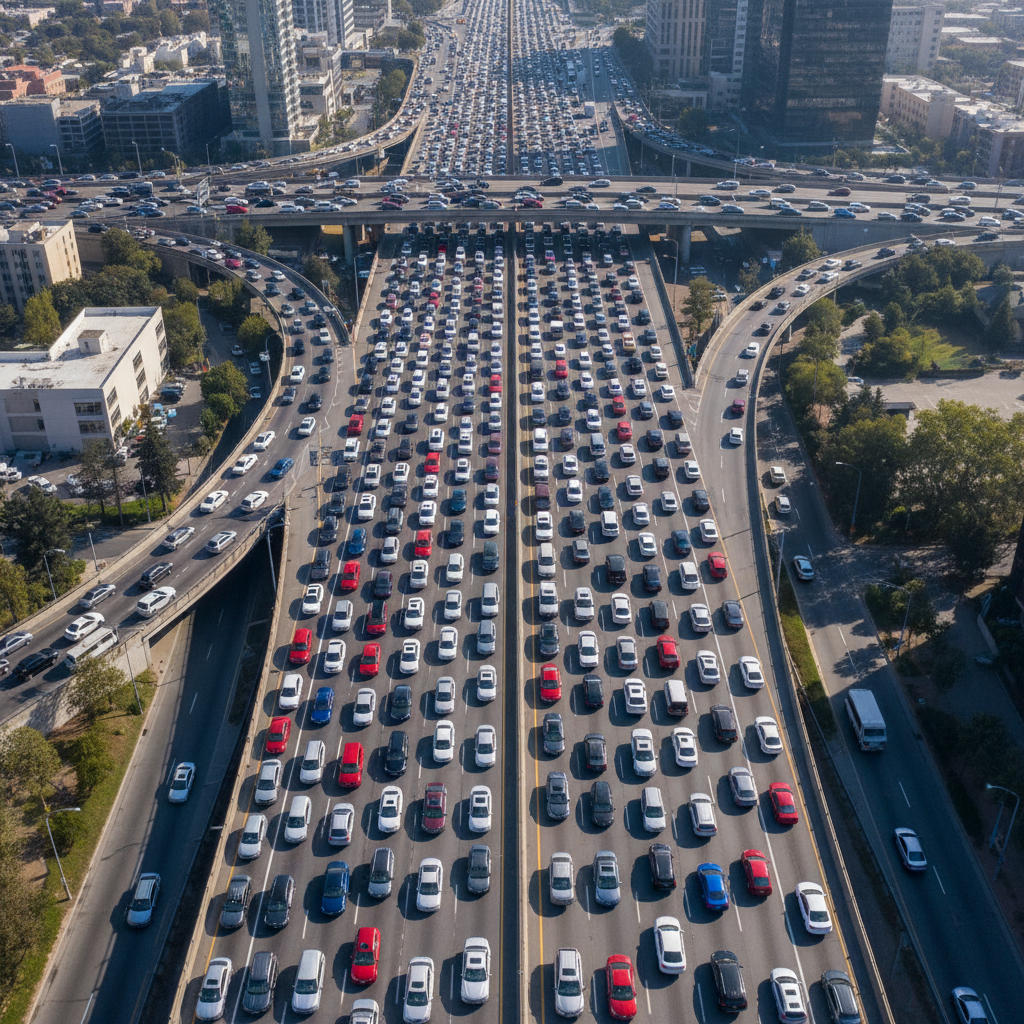Traffic jam on a busy urban highway at rush hour, cars bumper to bumper, aerial view showing the scale of car dependency and rising ownership costs